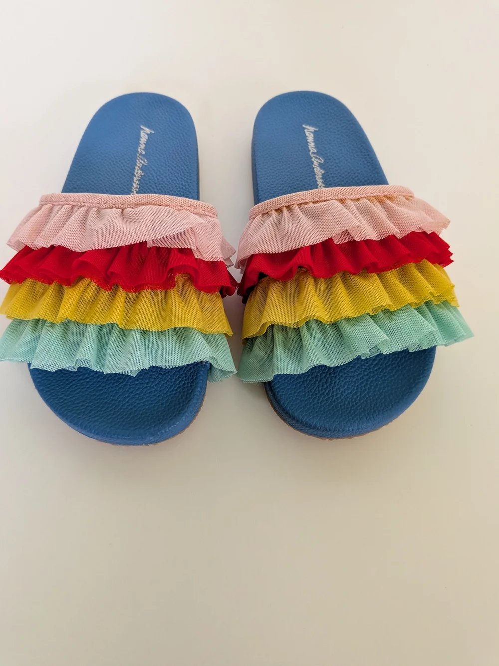 Hanna Andersson Rainbow Ruffle Slide Sandals Girls 11 Blue